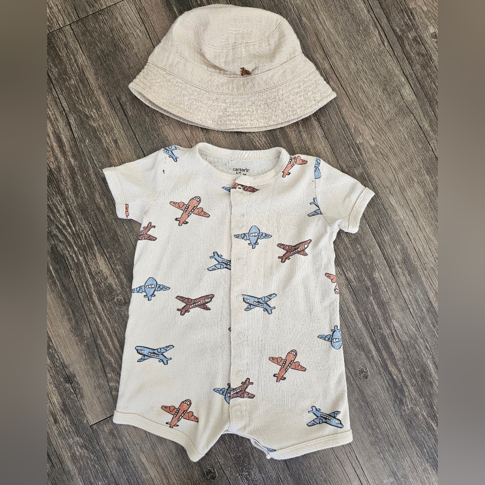 Gap Bucket Hat & Carters Airplanes Romper Tan/Beige Sz 12M
